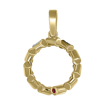 Подвеска из желтого золта в форме кольца из цилиндрических сплетений с рубином и бриллиантами 934948Б 